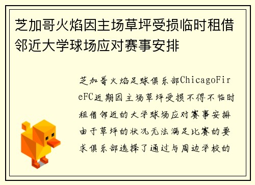芝加哥火焰因主场草坪受损临时租借邻近大学球场应对赛事安排